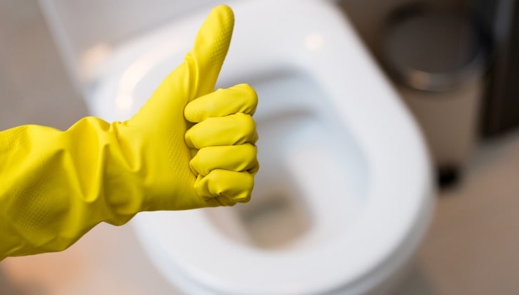 WC y mano con guante de plástico.